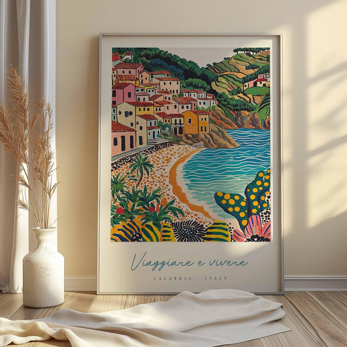 Viaggiare e Vivere Calabria Italy Naive Folk Beach Art Poster - Image 2