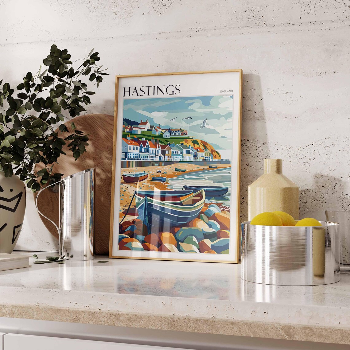 Hastings Pebble Beach Rowboats Colorful Houses Hillside Town Travel Poster - Image 2