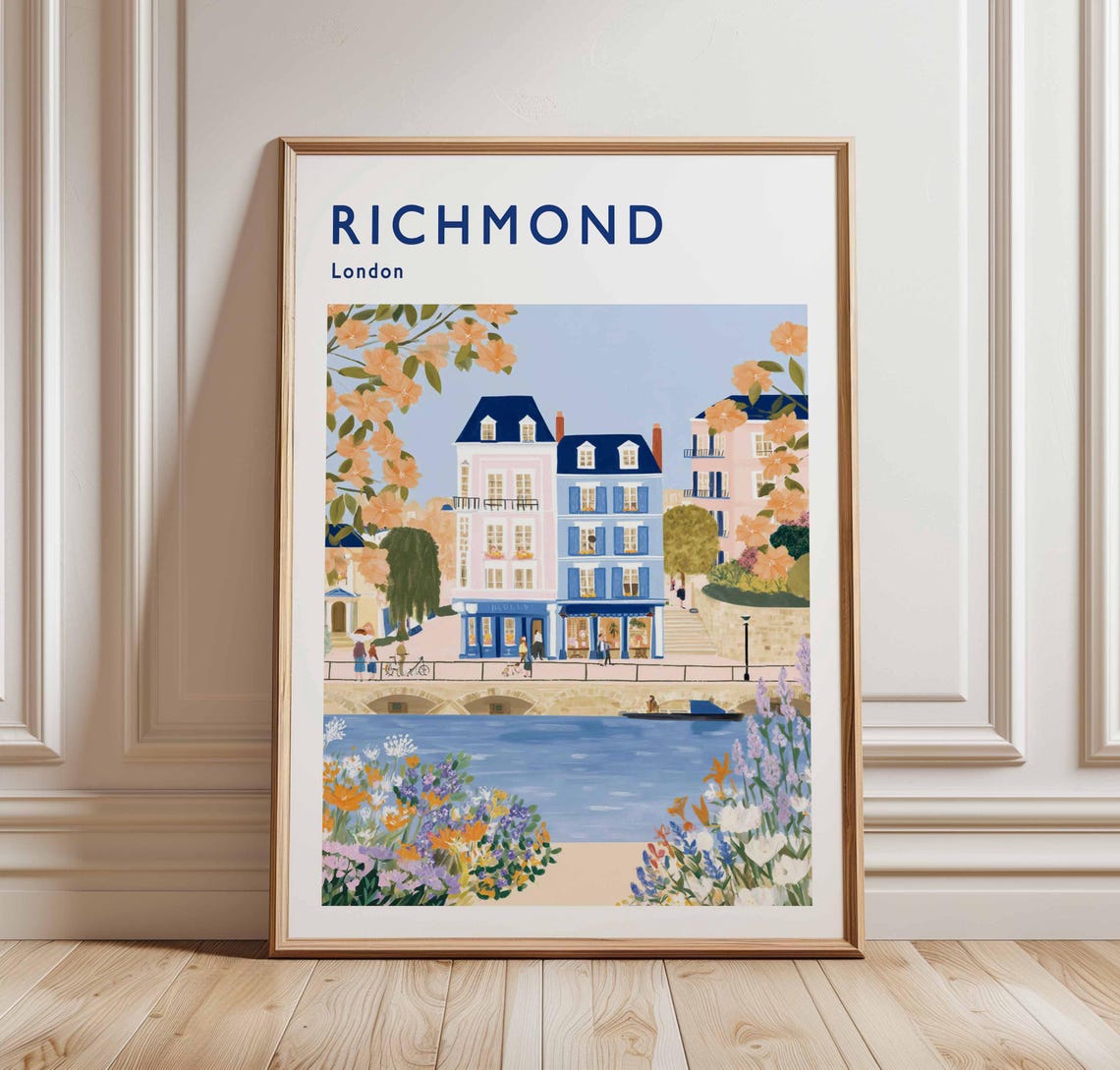 Richmond London Spring Riverfront Blossoms Riverside Travel Poster
