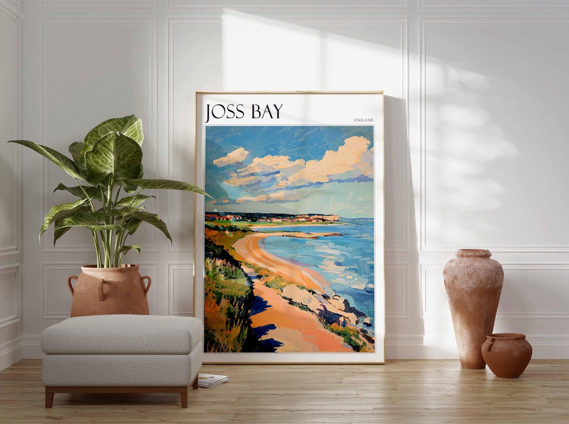 Joss Bay England Curved Golden Bay Grassy Dunes Coastal View Poster - Image 3