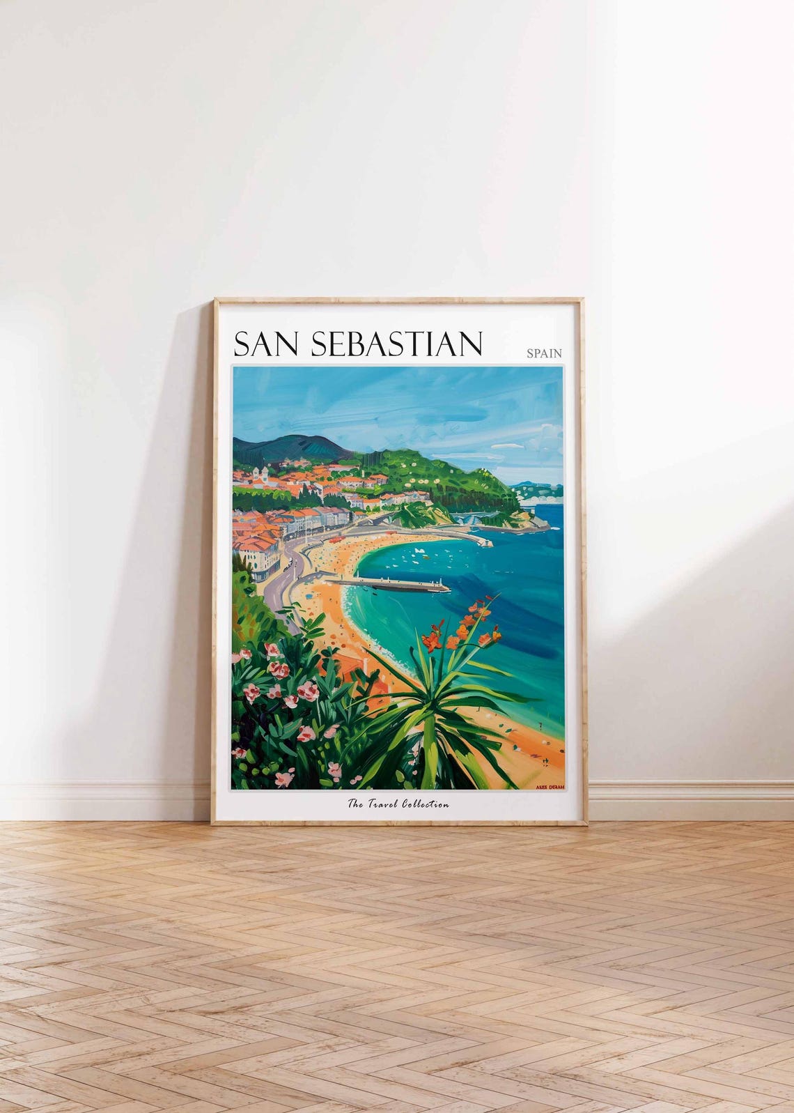 San Sebastian Spain Crescent Beach Bay Flowers Painting Poster - Image 2