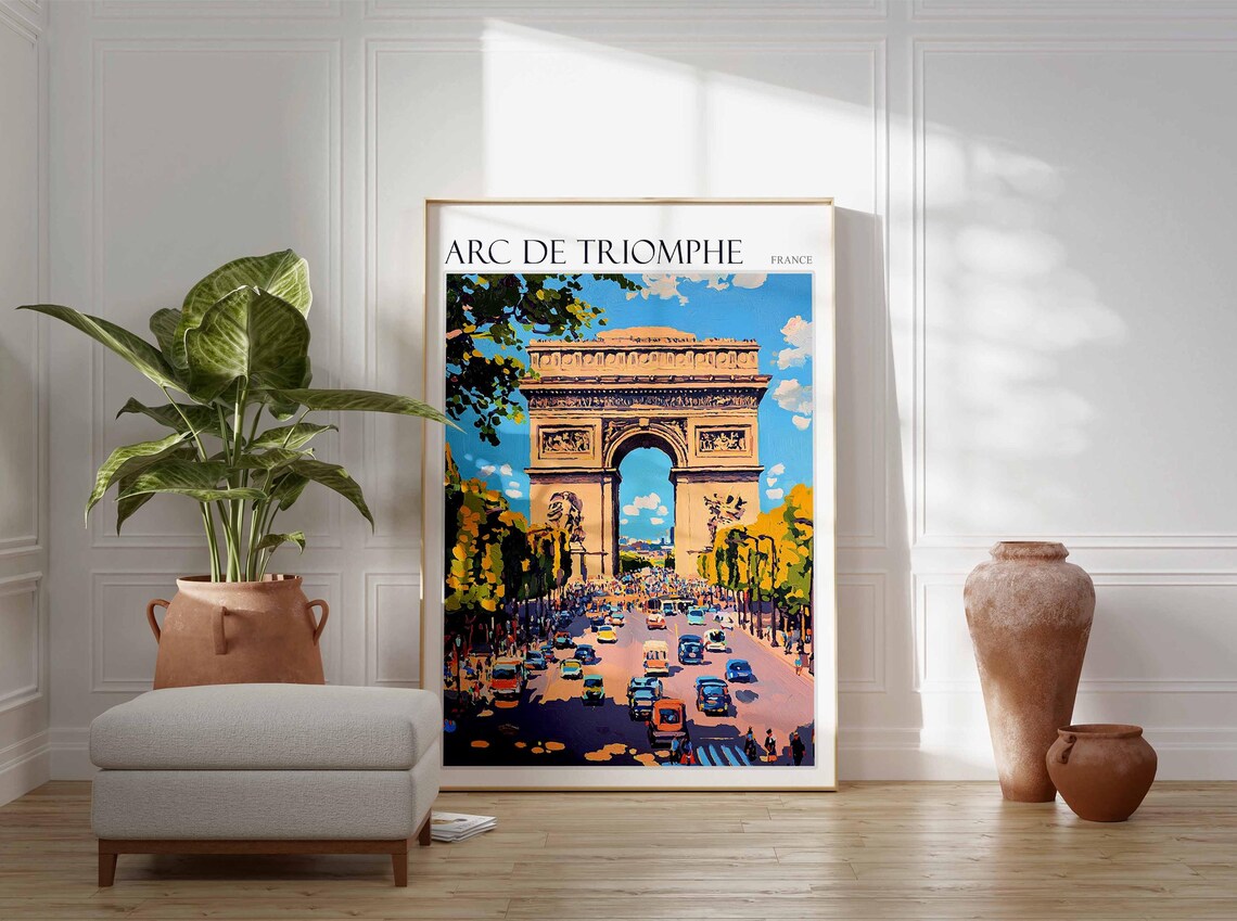 Arc de Triomphe Paris France Busy Street Traffic Scene Art Poster - Image 2