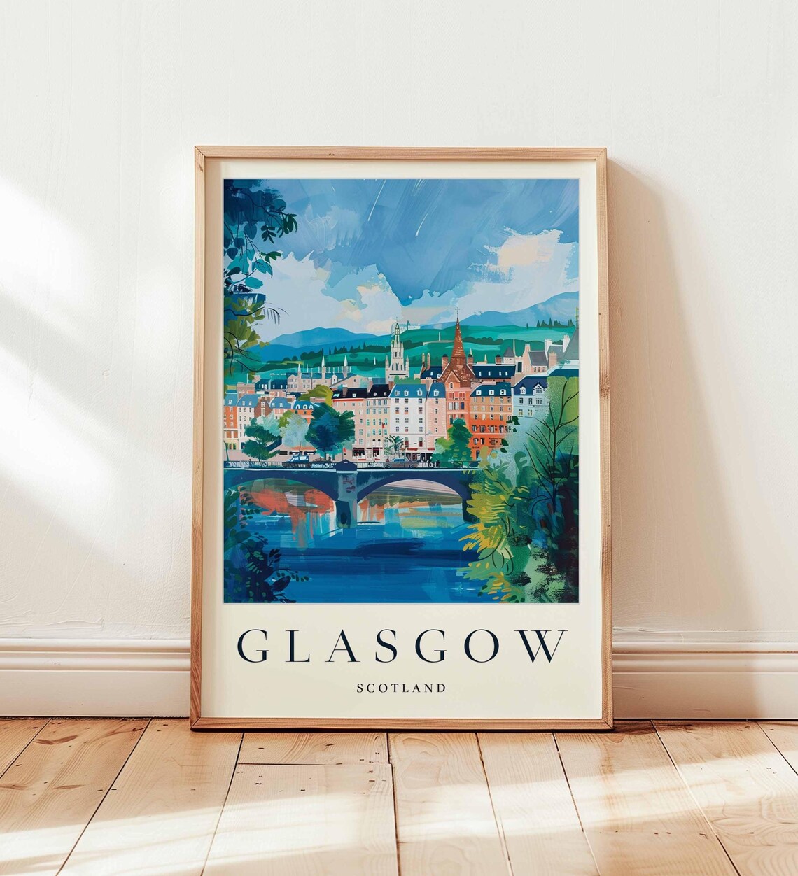 Glasgow Scotland Riverfront Bridge Watercolor City Art Poster