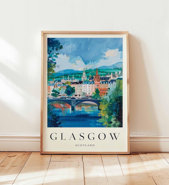 Glasgow Scotland Riverfront Bridge Watercolor City Art Poster