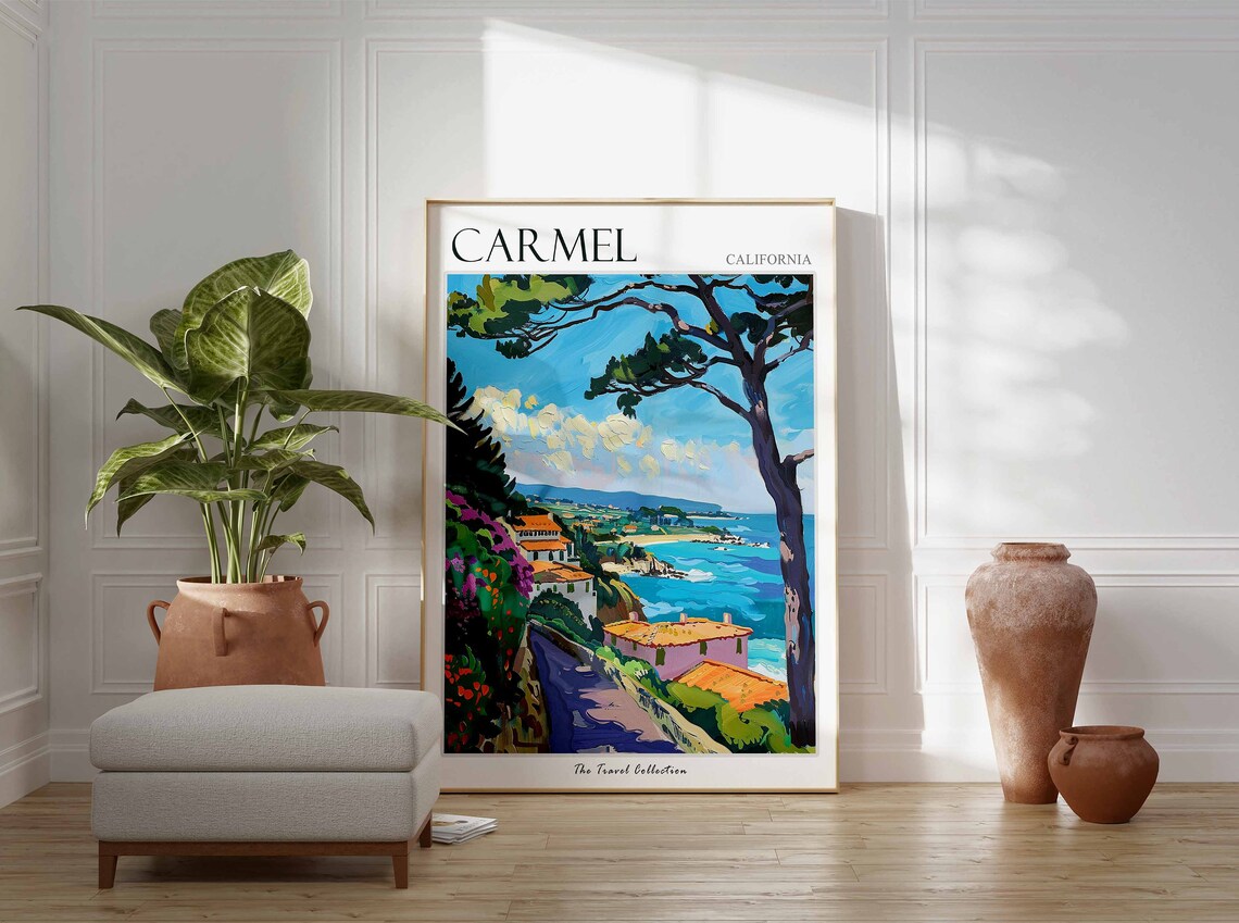 Carmel California Coastal Cliffs Sea Cottage Scenic Travel Poster - Image 2
