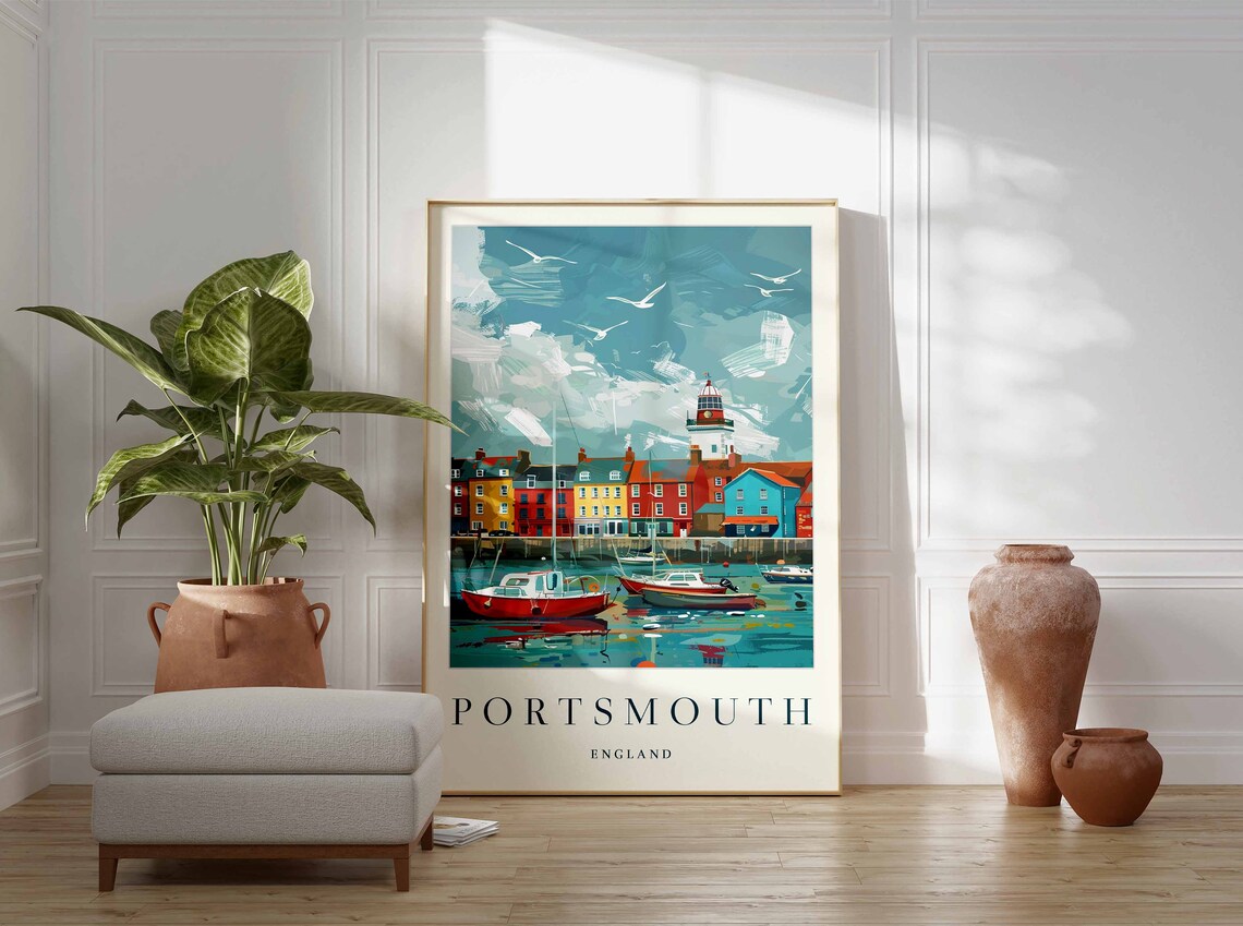 Portsmouth England Waterfront Lighthouse Retro Travel Poster - Image 3