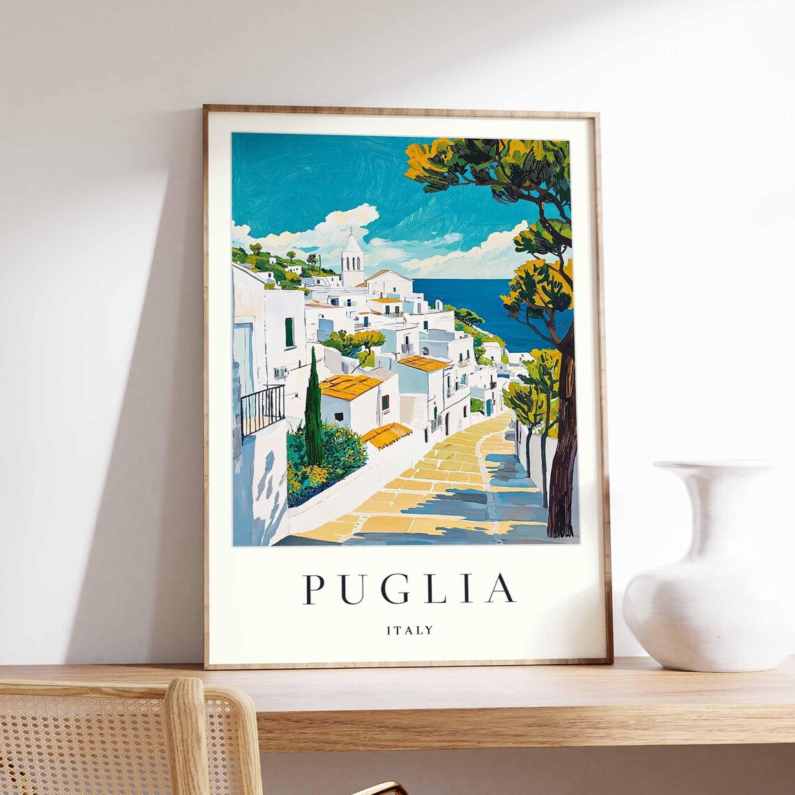 Puglia Italy White Old Town Cypress Church Tower Sea View Poster