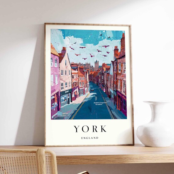 York England Historic Old Town Street Colorful Painted Travel Poster