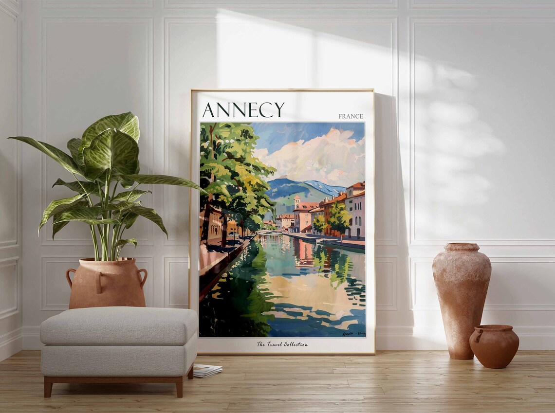 Annecy France Travel Poster Canal Trees Mountain Watercolor Painting - Image 3