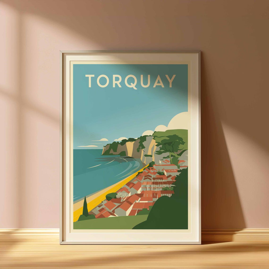 Torquay Beach and Red Roof Town Retro Coastal Travel Art Poster - Image 3