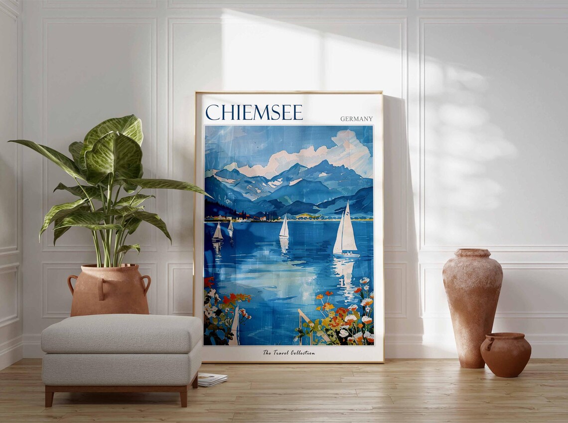 Chiemsee Germany Sailboats Lake Mountains Floral Travel Poster - Image 3