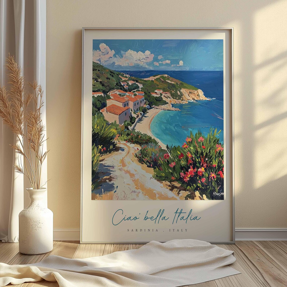 Sardinia Italy Turquoise Bay Coastal Village Wildflower Travel Poster - Image 2