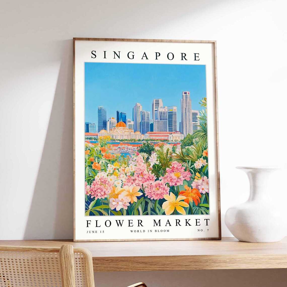 Singapore Flower Market Skyline Domed Landmark Pink Bloom Poster