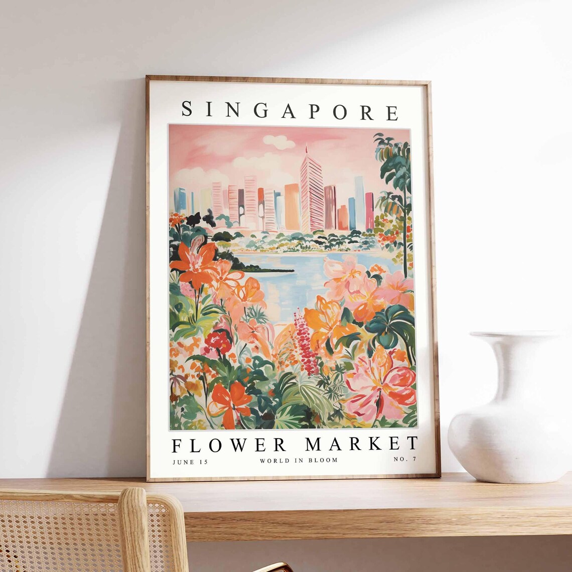 Singapore Flower Market Soft Pink Skyline Orange Tropical Bloom Poster