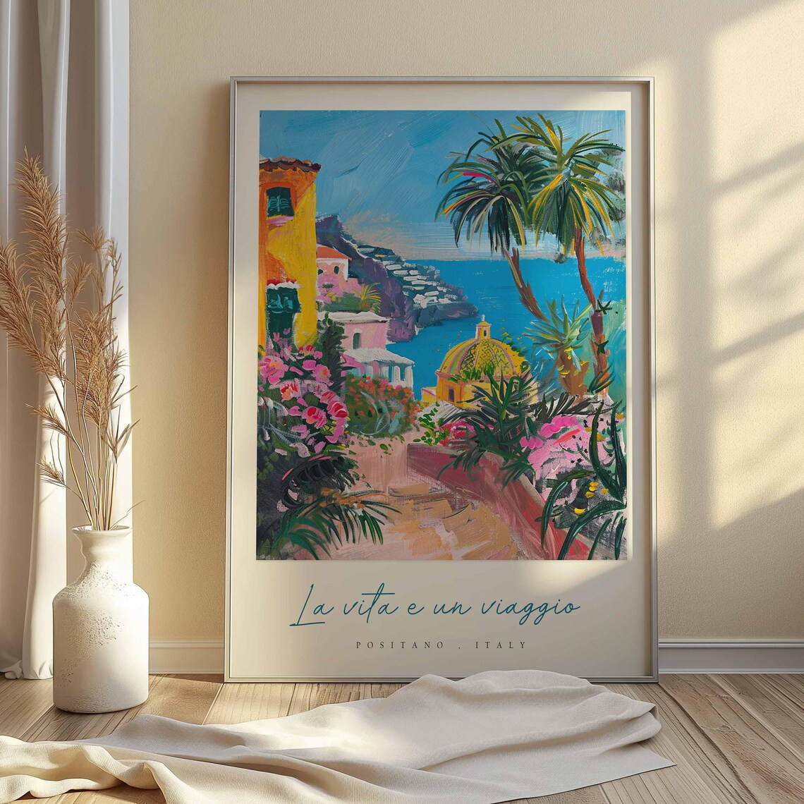Positano Italy Palm Garden Path Church Dome Sea Coast Travel Poster - Image 2