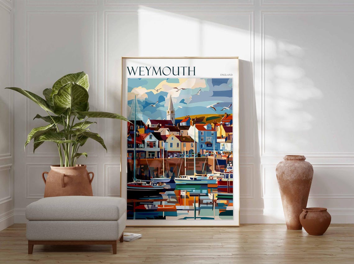 Weymouth England Harbor Sailboats Seagulls Church Spire Art Poster - Image 3