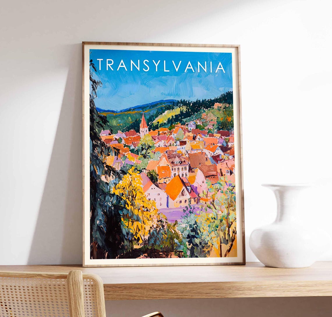 Transylvania Town View Romania Red Rooftops Church Spire Travel Poster