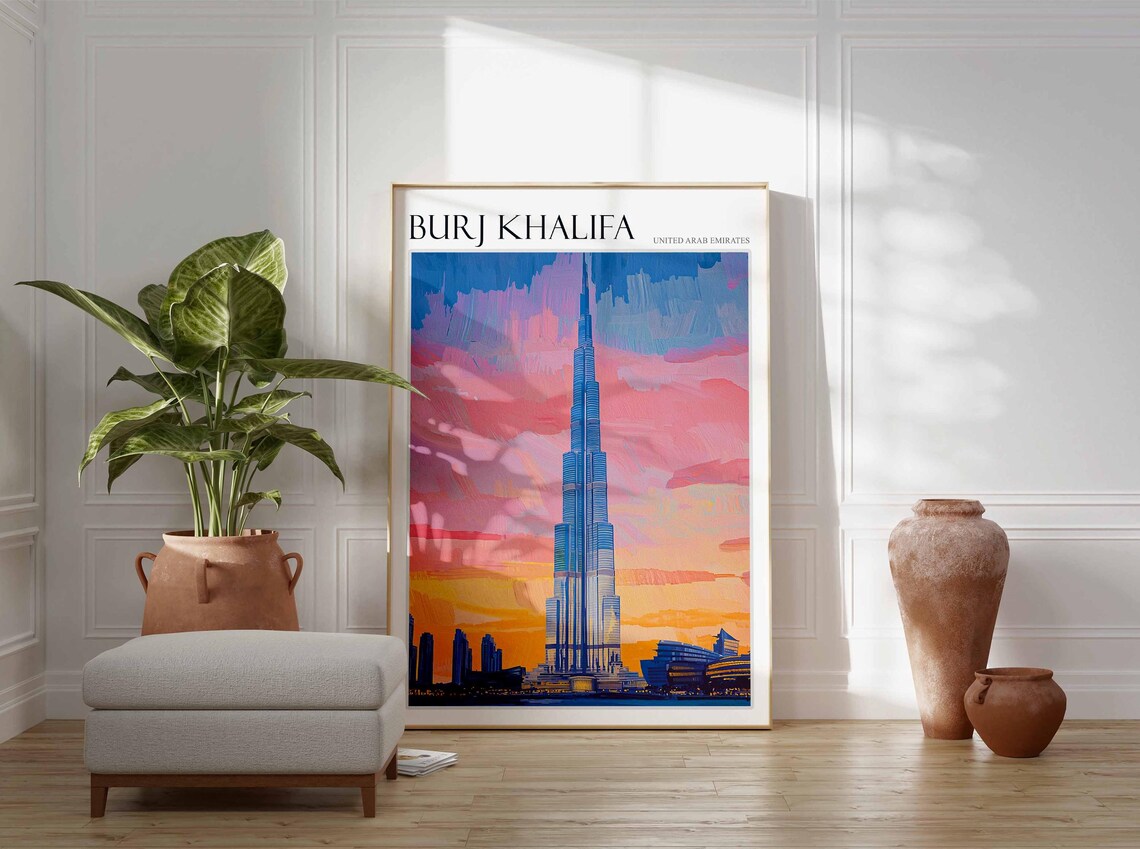 Burj Khalifa Dubai Sunset Skyline in Pink and Orange Oil Poster - Image 2