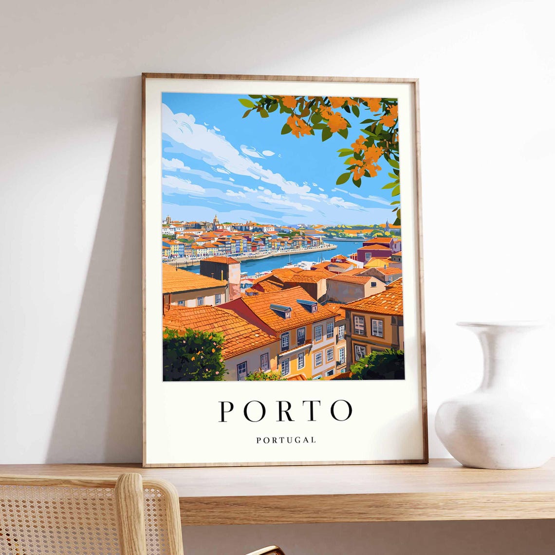 Porto Terracotta Rooftops Douro River Orange Blossom Frame Poster