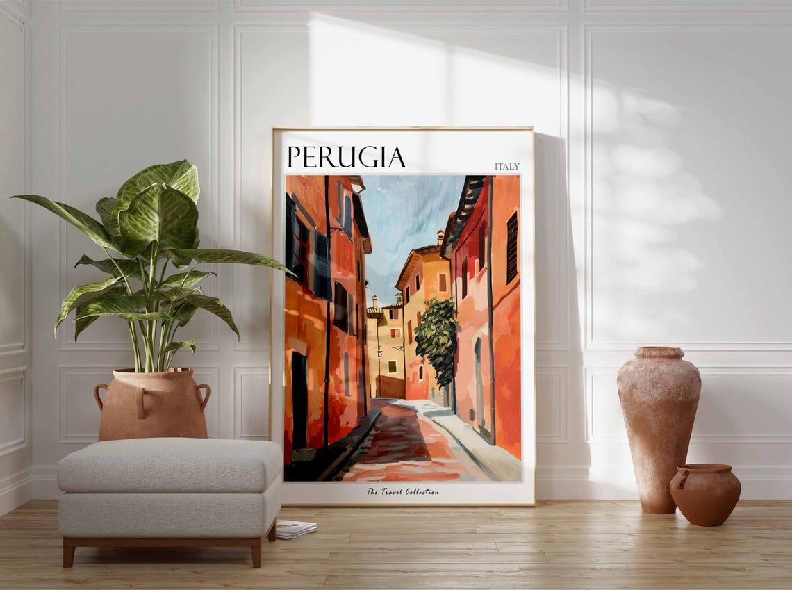 Perugia Italy Narrow Old Street Warm Buildings Painted Poster - Image 2