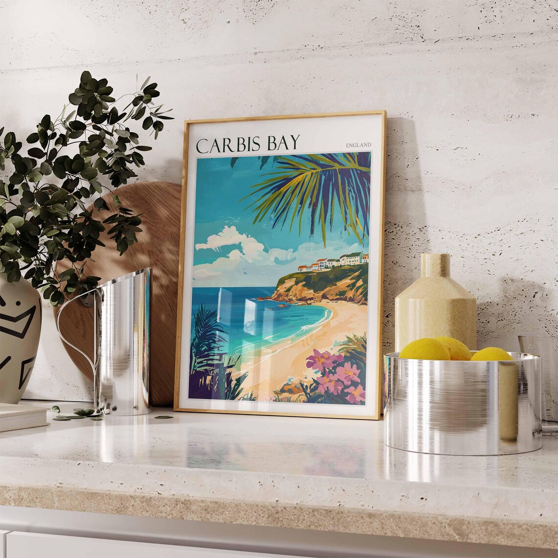 Carbis Bay England Palm Framed Tropical Cove Cliffside Beach Art Poster - Image 2