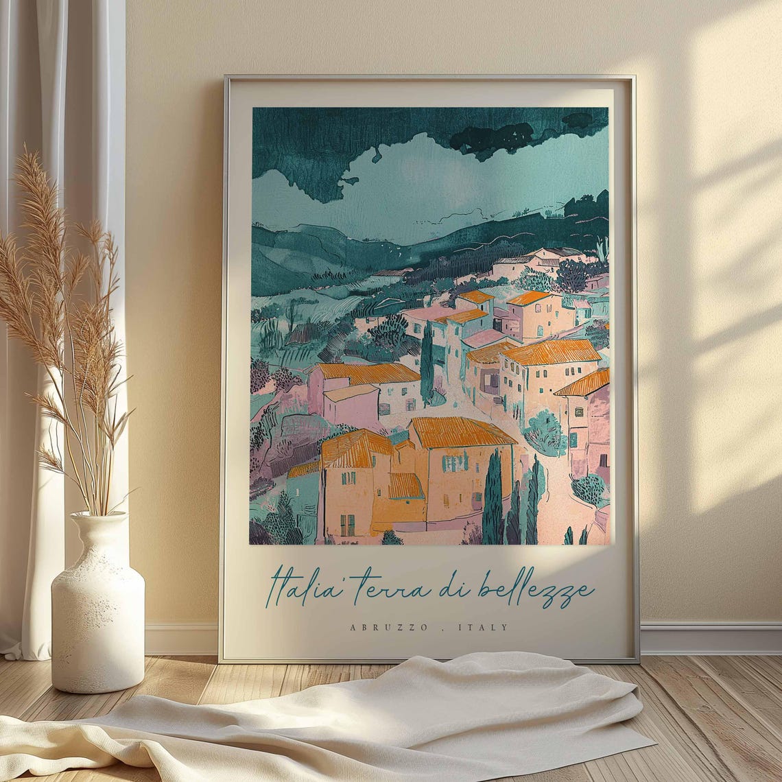Abruzzo Mountain Village Teal Sky Peach Roofs Scenic Travel Poster - Image 2