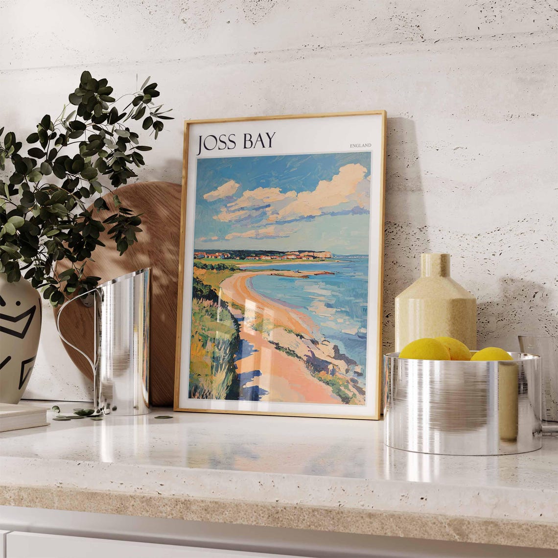 Joss Bay England Curved Golden Bay Grassy Dunes Coastal View Poster - Image 2