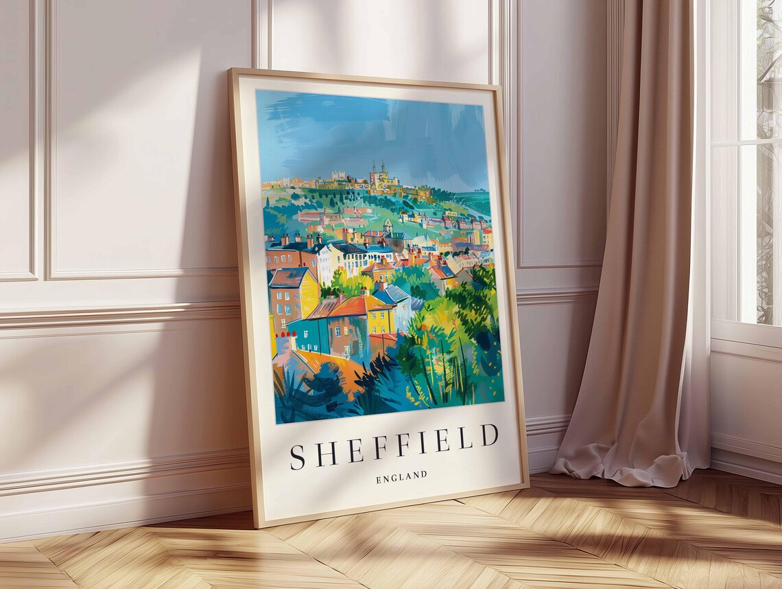 Sheffield England Winding Lane Through Blue Houses and Flowers Poster - Image 2