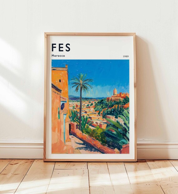 Fes Morocco 1989 Orange Alley Palm Tree City View Travel Poster