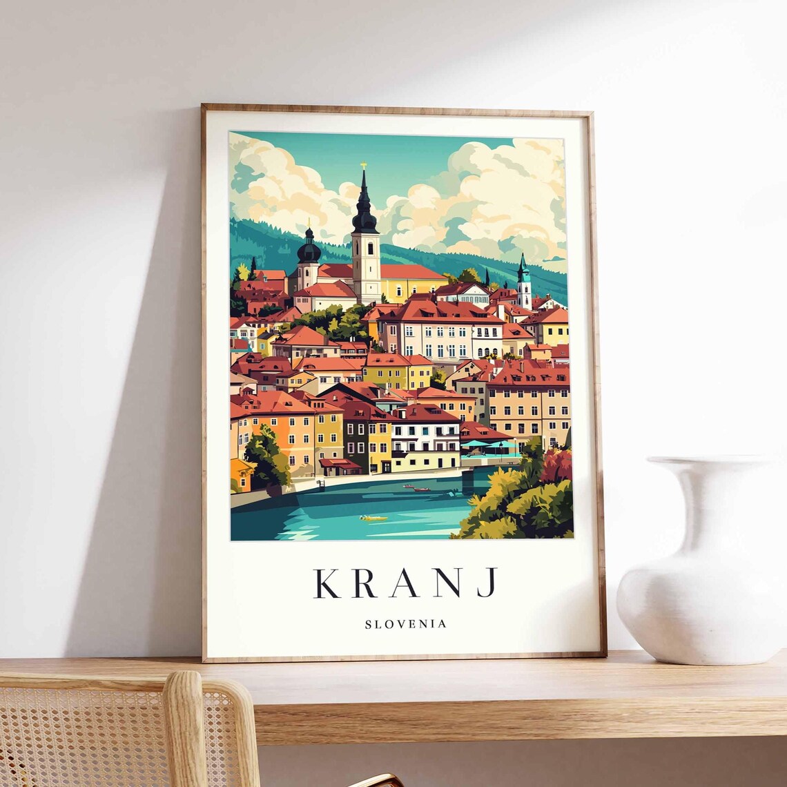 Kranj Slovenia Riverside Old Town Church Towers Scenic Poster