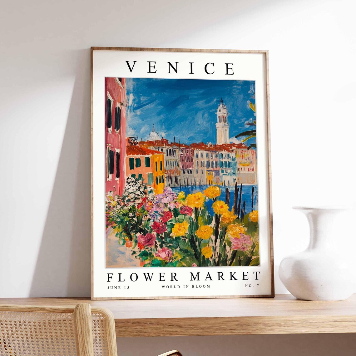 Venice Flower Market Poster of a White Campanile Over Yellow Marigolds