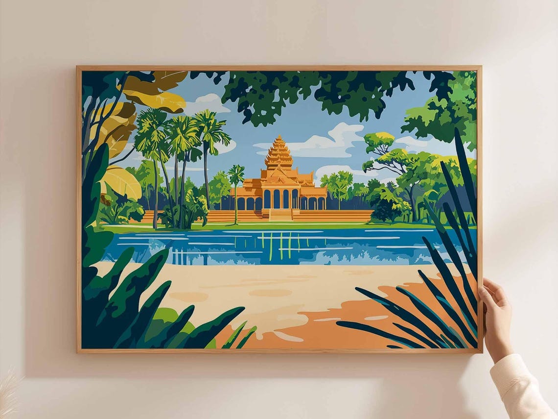Cambodia Golden Temple Lakeside Stylized Tropical Jungle Art Poster