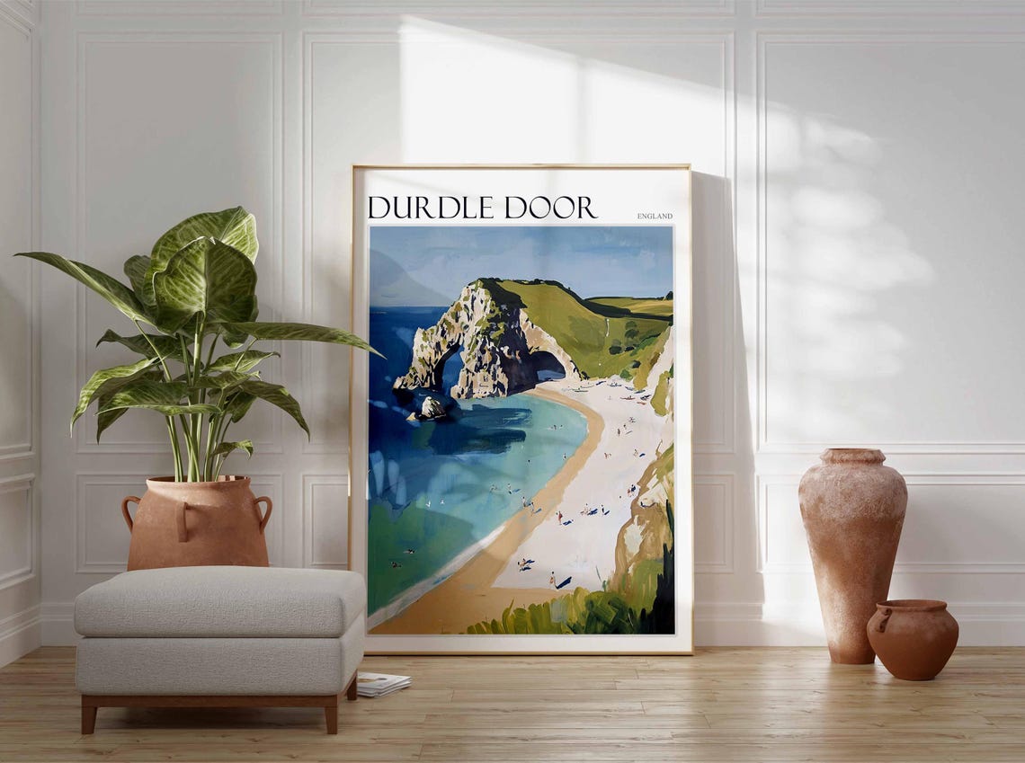Durdle Door England Chalk Arch Swimmers Bay Soft Painting Poster - Image 3