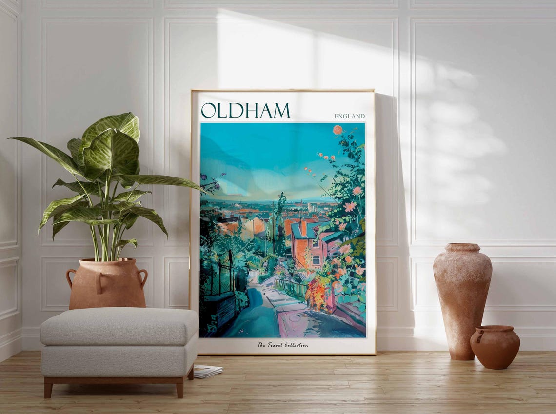 Oldham England Flower Hillside Town View Travel Collection Poster - Image 2