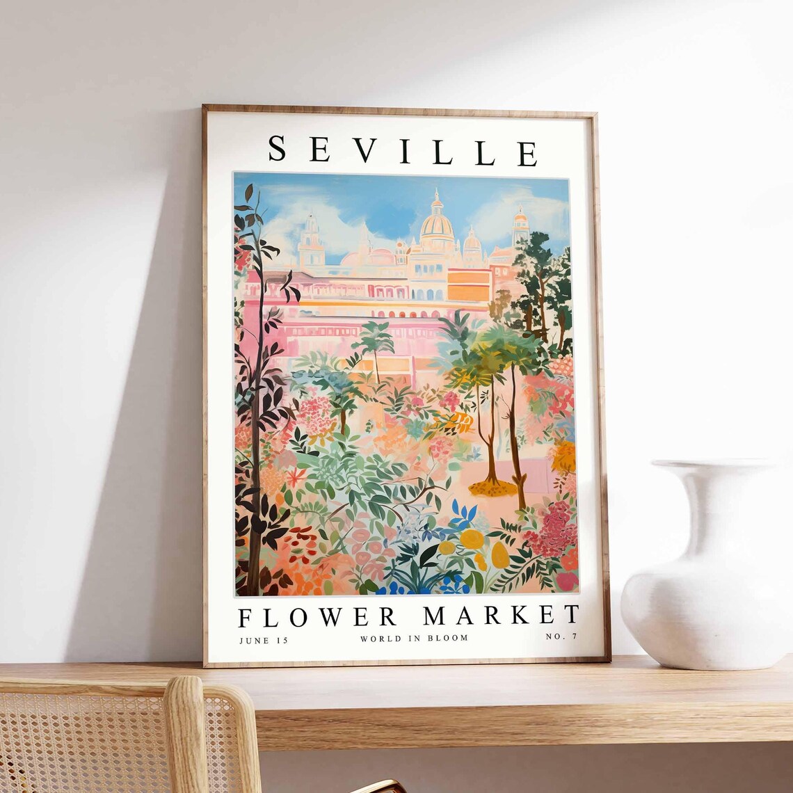 Seville Flower Market Pink Domed Palace Pastel Garden Travel Poster