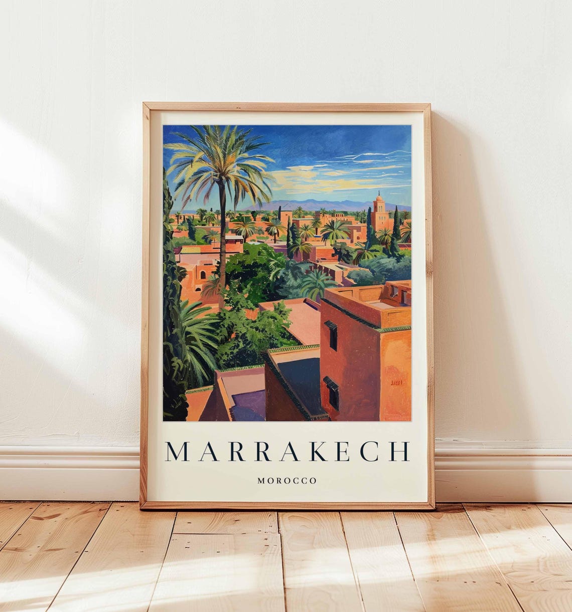 Marrakech Morocco Red Rooftops With Tall Palm Tree Travel Poster