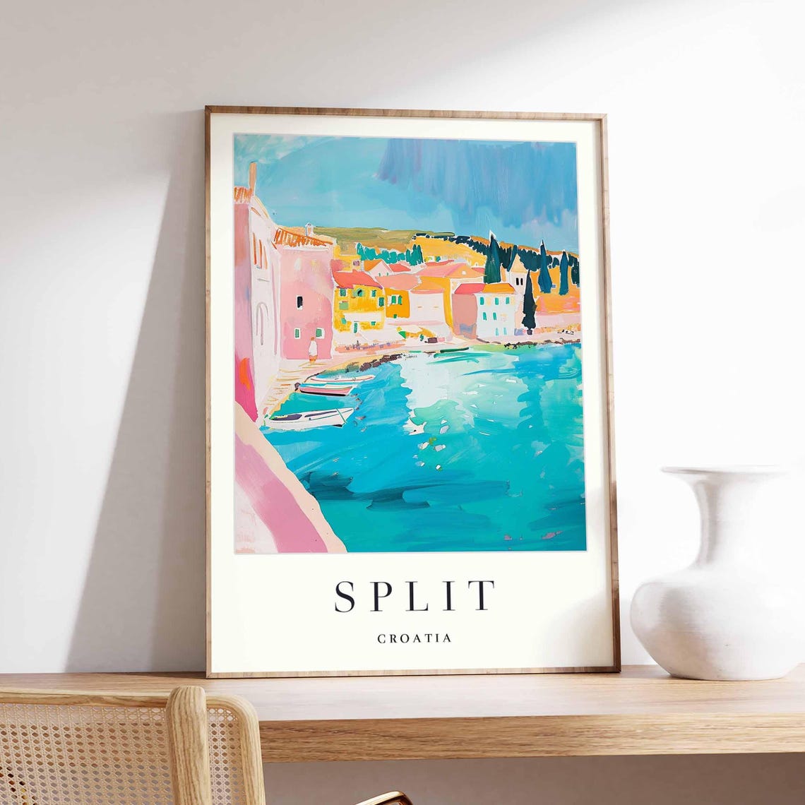 Split Croatia Pastel Coastal Town Turquoise Harbor Art Poster