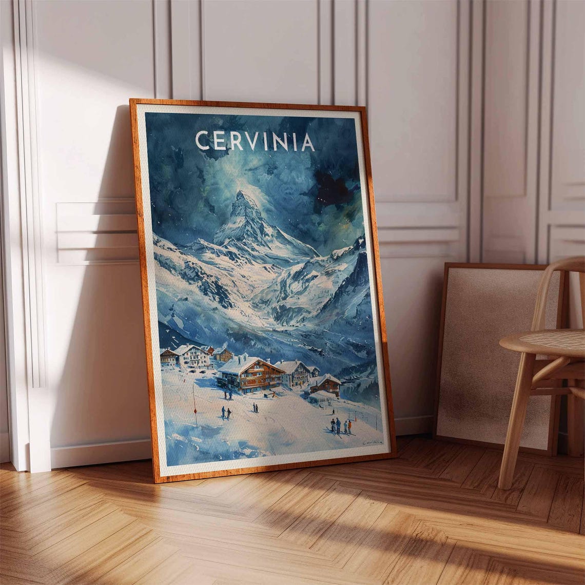 Cervinia Dramatic Cloudy Peak Snow Chalets Alpine Skiers Poster - Image 2