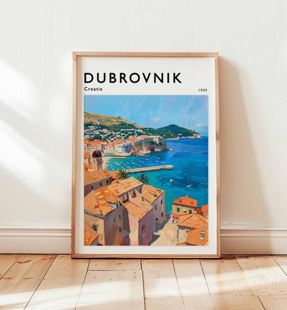 Dubrovnik Croatia 1989 Harbor View Red Roofs Travel Art Poster