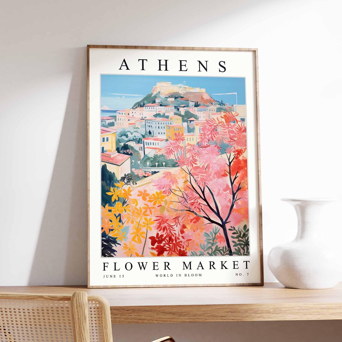 Athens Flower Market Acropolis Pink Blossom Trees Hillside Poster