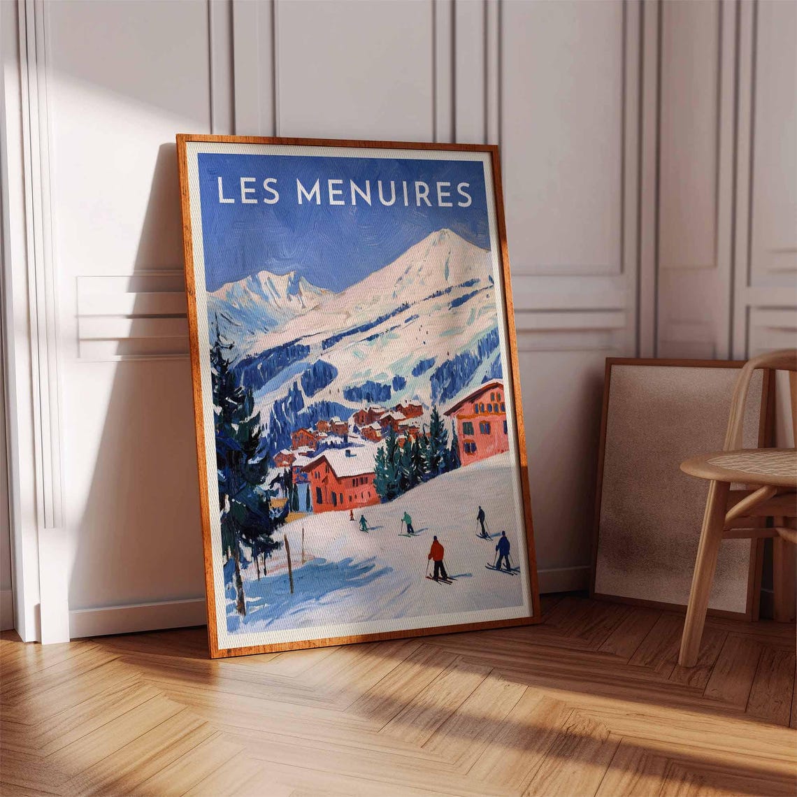 Les Menuires France Retro Skiers Mountain Slopes Red Chalets Poster - Image 3