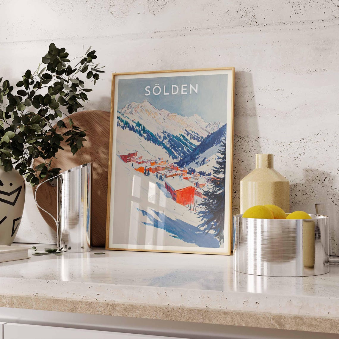 Sölden Austria Watercolor Valley Chalets Under Snowy Peaks Poster - Image 2