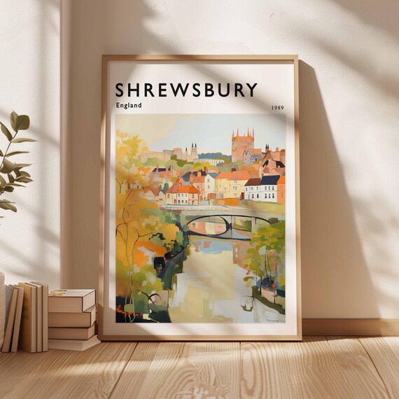 Shrewsbury England 1989 River Bridge Autumn Trees Historic Town Travel Poster