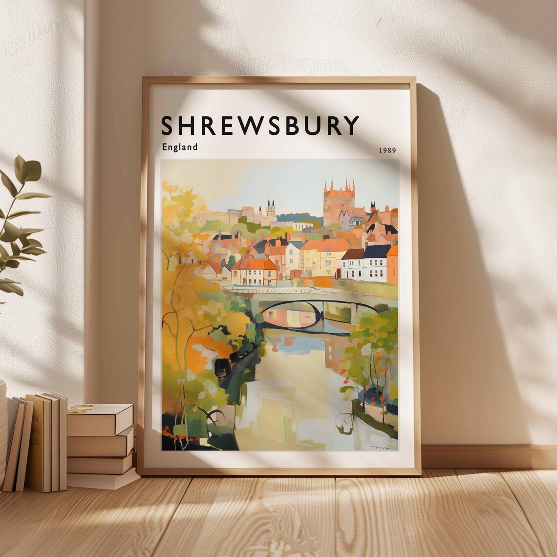 Shrewsbury England 1989 River Bridge Autumn Trees Historic Town Travel Poster