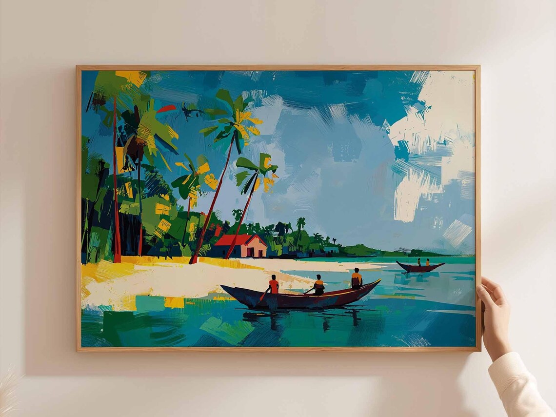 Bangladesh Fishing Boat Beach Scene Poster with Palm Trees and Canoes