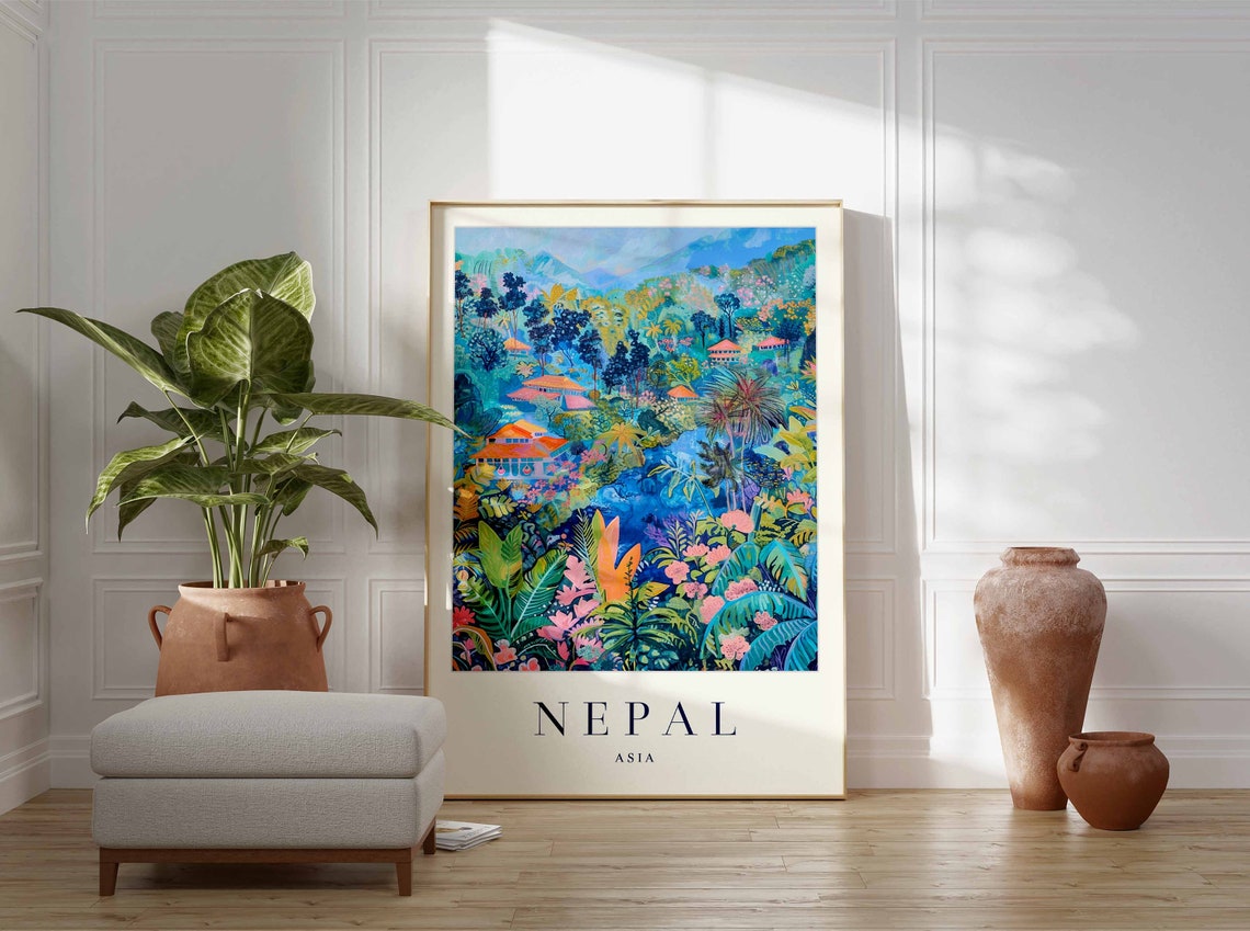 Nepal Lush Jungle Valley Red Temple Roofs Asia Travel Poster - Image 3