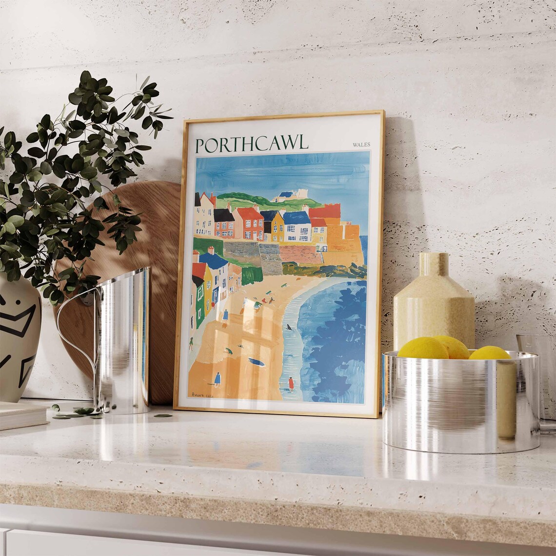 Porthcawl Wales Sandy Beach Bathers Colorful Shore Houses Art Poster - Image 3
