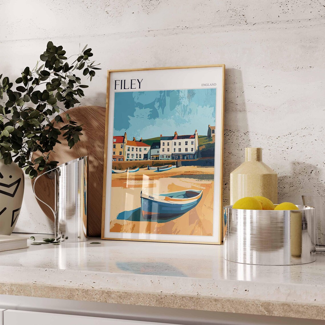 Filey England Fishing Boats Harbor Cottages Bold Modern Poster - Image 2