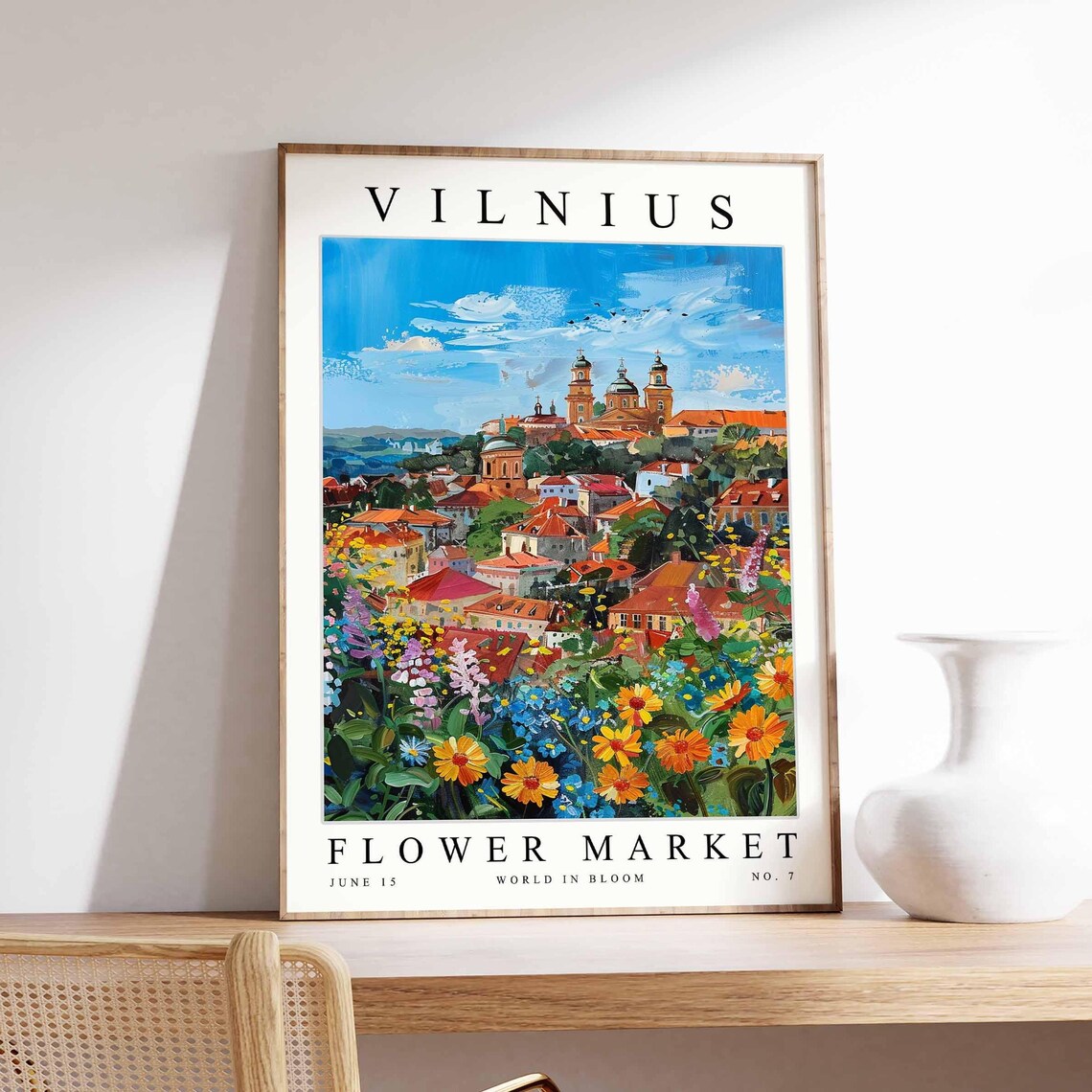 Vilnius Flower Market Twin Towers Marigolds Blue Blooms Poster