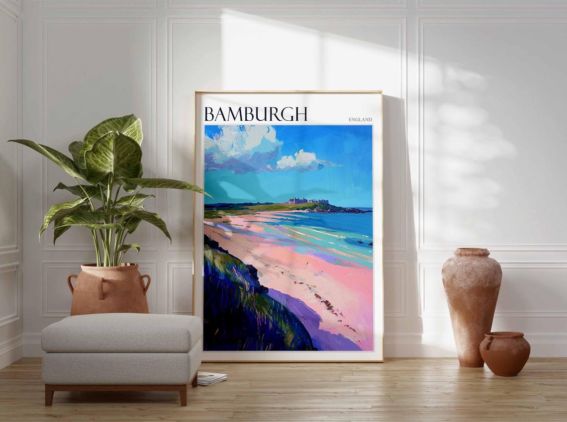 Bamburgh England Pastel Beach Scene With Distant Castle View Poster - Image 3